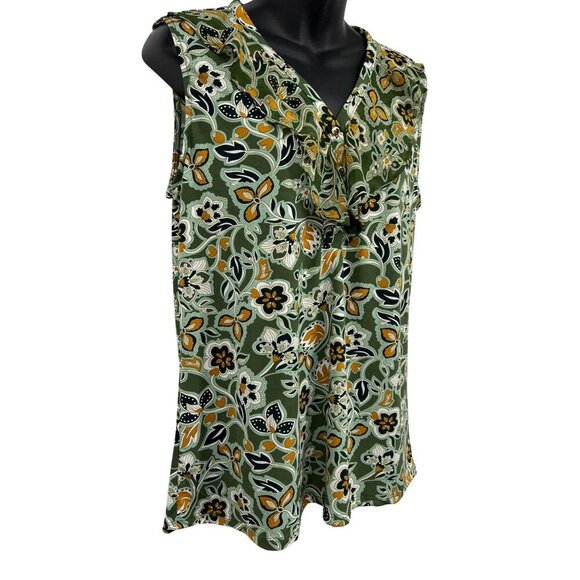 NY Collection Women Sleeveless Green Blouse V-Neck Large L Floral Ruffle NWT New - Picture 3 of 11